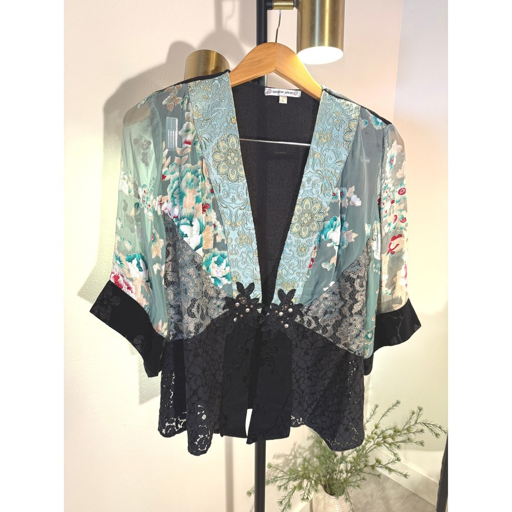 Spencer Alexis y2k artsy Tunic mix media Silk kimono jacket LG unique EUC